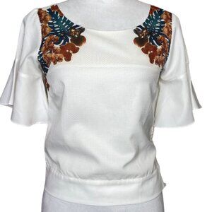 Plains & Prints Off White Floral Abstract Blouse Bell Sleeve Strappy Back Sz 2